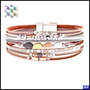 Boho Multilayer Leather Cuff Bracelet Adjustable Magnetic Clasp Vintage Style